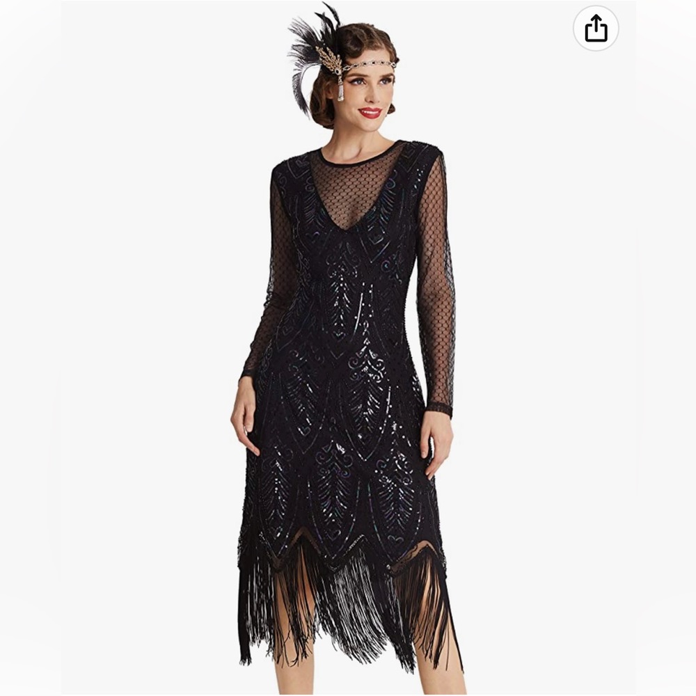 NWT Babeyond Great Gatsby 20s Black Sequin Flapper Dress Long Sleeve Size Large